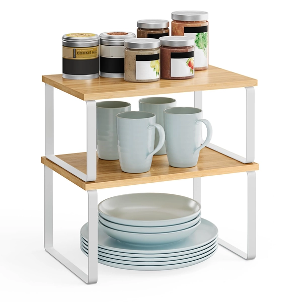 SONGMICS Kryddhylla, uppsättning av 2, kökshylla, köksinredning, utbyggbar, kryddhållare, stapelbar, tillverkad av metall och bambu, vit-naturliga KCS02NW