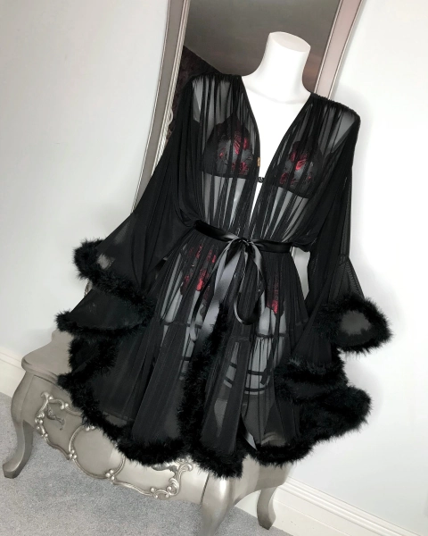 Short Black Feather Trim High Quality Mesh Vintage Hollywood Inspired Robe, Bridal Wedding Photoshoot Ready, Getting Ready, Boudoir Robe
