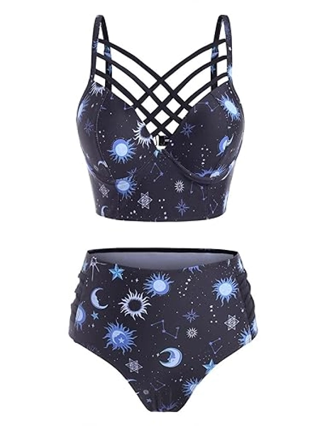 JMSUN Women's Bikini Summer Bathing Suit Sun Star Moon Lattice High Waisted Tankini Swimsuit