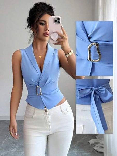 Elenzga Women's Dignified Old Money Style Metal Blue Button Shirt