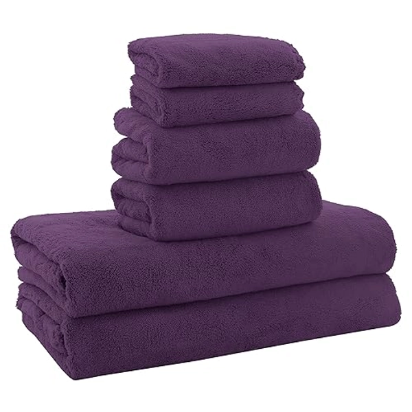 MOONQUEEN Ultra Soft Microfiber Coral Velvet Towel Set - Quick Drying - 2 Bath Towels, 2 Hand Towels, 2 Washcloths - Plum, 6 Pcs