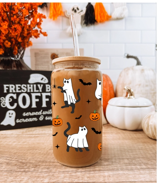 Ghost Cat Halloween Glass 16oz, glass tumbler, cat mom, cat lover, cat sweater, halloween coffee shirt, iced coffee cup, halloween tumbler
