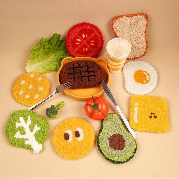 Handmade Tufted 3D Burger & Toast Coaster-Cotton Yarn Coasters for Desk Decor, Food Design, Perfect Naturalistic Gift