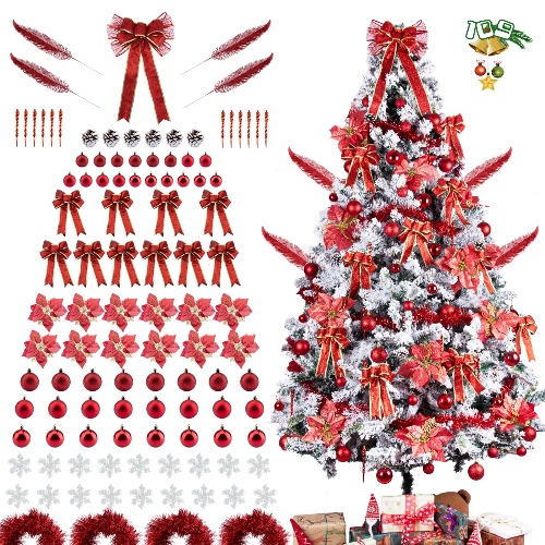 LAWOHO 109pcs Christmas Tree Decorations Set, Bow Tree Topper, Glitter Poinsettia, Baubles, Bows, Snowflakes, Christmas Ball Ornaments, Shatterproof Seasonal Décor Hanging Baubles for Xmas Tree (Red)