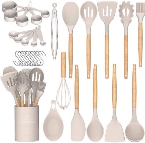 Umite Chef Kitchen Cooking Utensils Set, 24 pcs Non-Stick Silicone Cooking Kitchen Utensils Spatula Set with Holder, Wooden Handle Heat Resistant Silicone Kitchen Gadgets Utensil Set (Khaki)