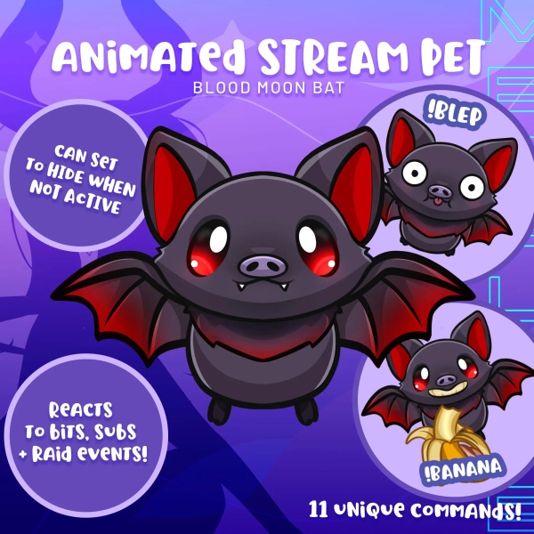 Interactive Blood Moon Bat Stream Pet: Chat Reactions, Greetings, Subs & Bits, Raids Response - Animated Digital Asset for Twitch Streamers