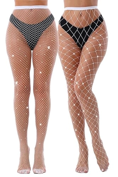 VEBZIN 2 Pack Sparkly Large And Medium Mesh Fishnet Tights For Women Glitter Rhinestone Fishnets Stockings