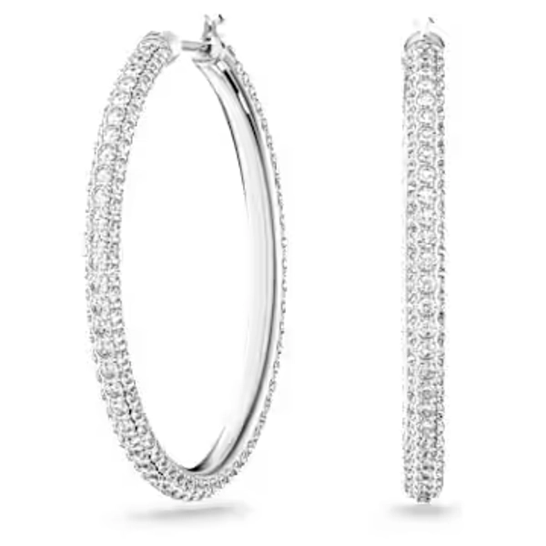 SWAROVSKI Stone hoop earrings, Pavé, Large, White, Rhodium plated