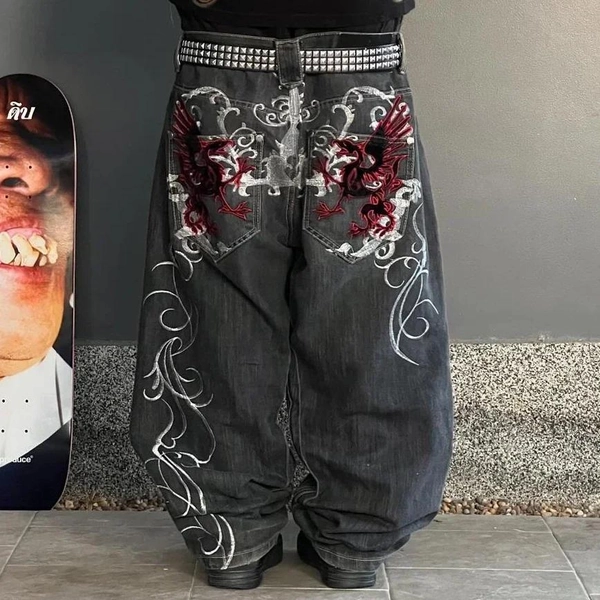 Hip Hop Retro utcai alkalmi Y2k Harajuku divat trend, hímzés mintás farmer nadrág Egyenes széles szárú nadrág