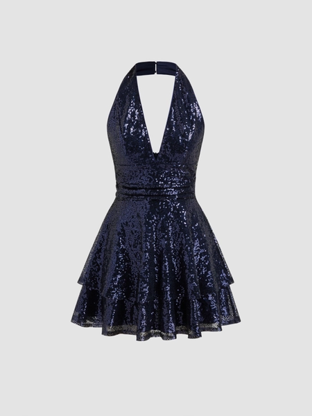 Sequins Halter V-neck Layered Mini Dress