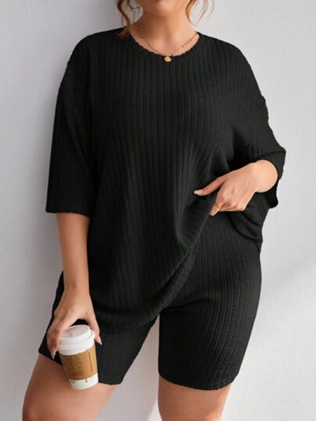 Essnce 2pcs Solid Color Round Neck Simple Rib Knit Top And Shorts Set