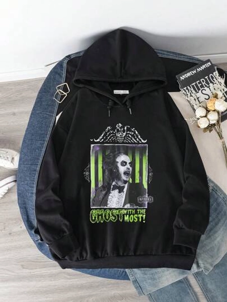 Beetlejuice  Drop Shoulder Loose Drawstring Hoodie