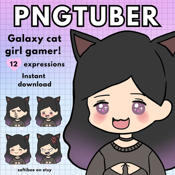 catgirl pngtuber 12x galaxy png tuber gamer girl with black hair vtuber model for twitch & pngtuber pre made! Discord Youtube Tiktok