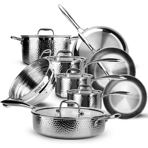 imarku Pots and Pans Set, 14 PCS Cooking Utensils Set，Tri-Ply Clad Stainless Steel with Ergonomic Handle and Lids,  Dishwasher Safe,Scratch Resistance