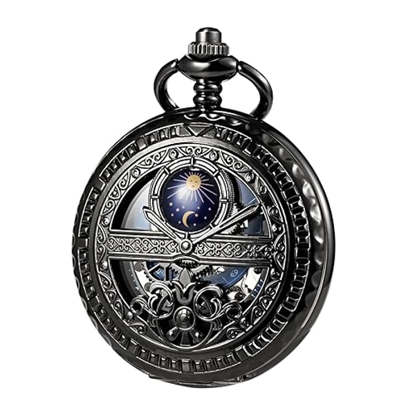 TREEWETO Montre de poche mécanique pour homme Soleil et Lune squelette chiffres romains avec chaîne pour homme
