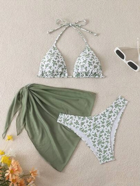Halter Backless Tie Bikini Top And Bottom Swimwear Set