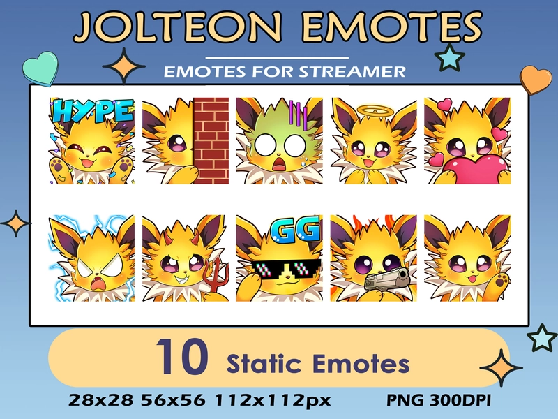 10 Jolteon Twitch Pack Emotes, Twitch Discord Youtube Jolteon Pack Emotes For Streamers, GG, Shoot Jolteon Static Emotes Bundle