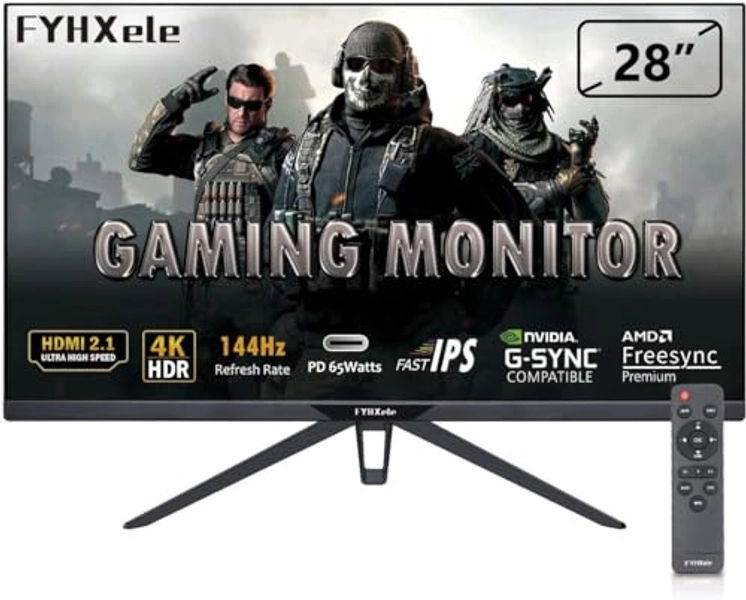 FYHXele 28" Gaming Monitor, 4K 144Hz Monitor, Fast IPS, 1ms, UHD 3840 * 2160 Computer Monitor with Remote, Free-sync, DSC, HDMI 2.1/2.0, DisplayPort 1.4, USB Type C, HDR400, VESA/Low Blue Light