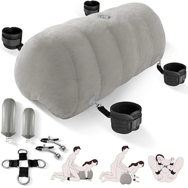 Sex Pillow Couples Sex Toys, Heart Shaped Inflatable Cushion Furniture for Bedroom Dildo Mount, Upsize Wedge with Bondage Cuffs, Cross Strap, Nipple Clamps BDSM Kit