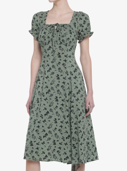Green Butterfly Mushroom Empire Midi Dress