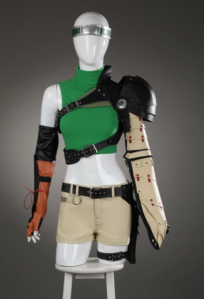 FF Yuffie Kisaragi Cosplay Costume High-Neck Sleeveless Short Top and Shorts with Arm Guards and Gloves