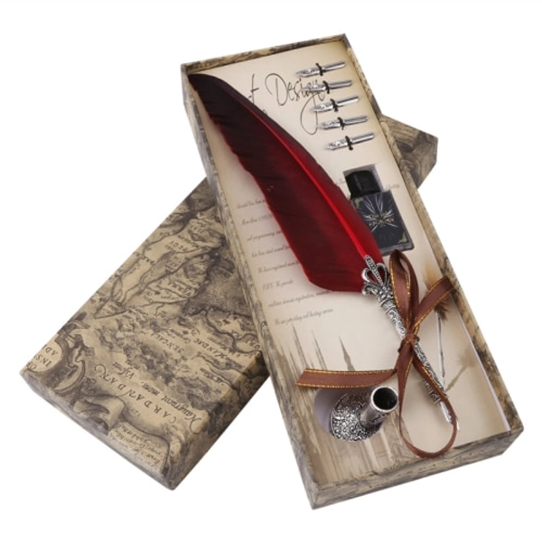 Antique Feather Quill Pen Set Calligraphy Beginner Dip Pens - Red