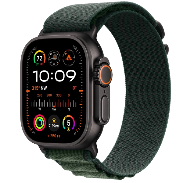 Apple Watch Ultra 2 GPS + Cellular, 49mm Black Titanium Case with Dark Green Alpine Loop - Medium