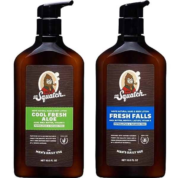 Dr. Squatch Men's Natural Lotion Non-Greasy Men's Lotion - 24-hour moisturization hand and body lotion - Made with Shea Butter, Coconut Oil, and Vitamin E - Cool Fresh Aloe and Fresh Falls (2 Pk)