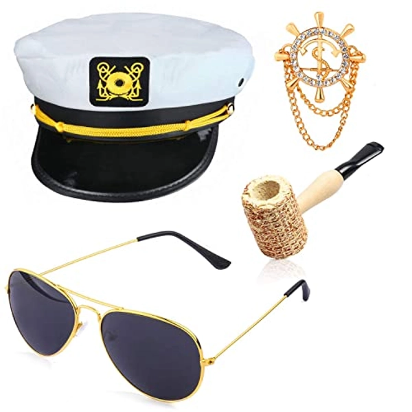 Beelittle Yacht Captain Hat Costume Accessories Set Sailor Hat with Captain Prop & Aviator Sunglasses