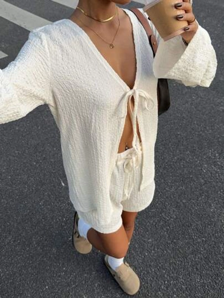 Front Tie Long Sleeve Shirt + Knit Shorts 