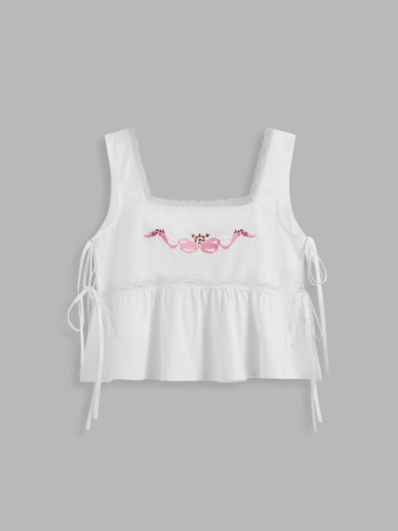 100% Cotton Square Neck Floral Bowknot Embroidery Lace Trim Ruffle Hem Tie Side Crop Tank Top