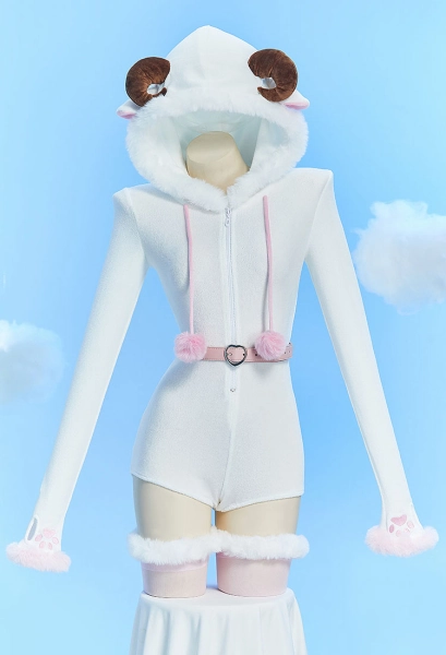 Kawaii Sheep Sexy Plush Homewear Romper Furry Hooded Bodysuit with Belt and Socks