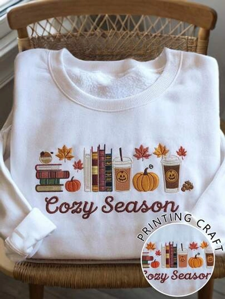 Lalippa Dames herfst/winter fleece sweatshirt met geborduurde letters en pompoen, ronde hals en lange mouwen, casual