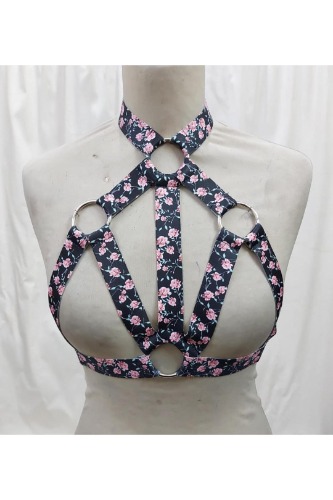 Pink Floral Print Stretchy Body Harness w/Silver Hardware - REGULAR / As Shown