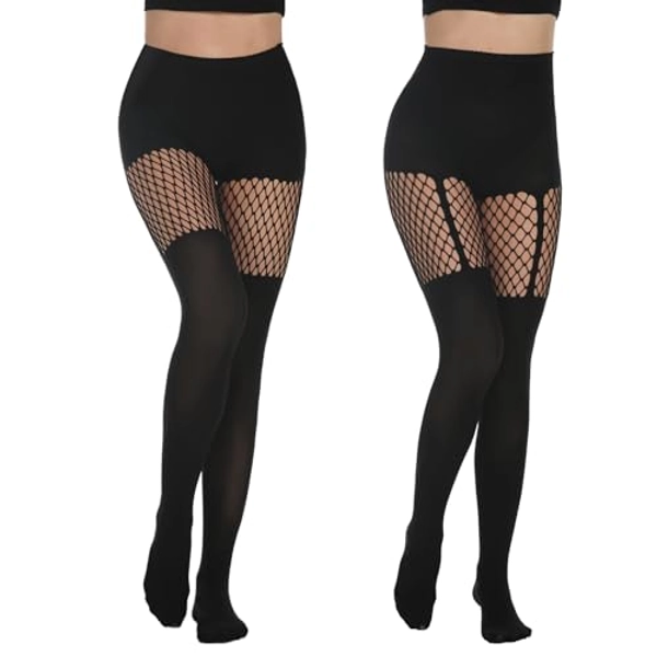 Yilanmy Women's Mock Thigh High Suspender Tights Fishnet Stockings Fishnets Black Opaque Stocking Pantyhose 2 Pairs