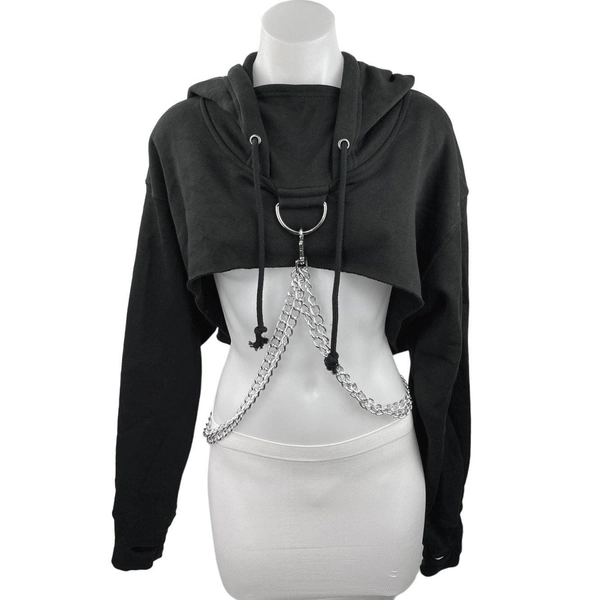Gothic O-Ring Metal Chain Hoodie Crop Sweatshirt M