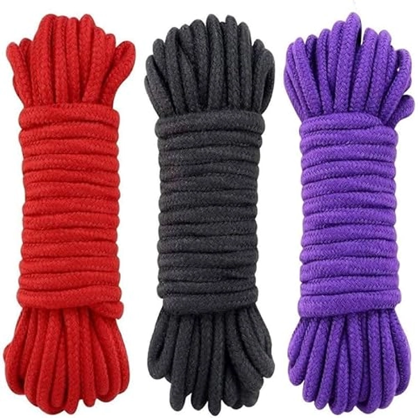 BDSM 96 Feet Bondage Shibari 3 PACK Soft Cotton Rope | Sex Restraints for Couples | Black, Red & Purple | 3- pack 32 feet/10m each