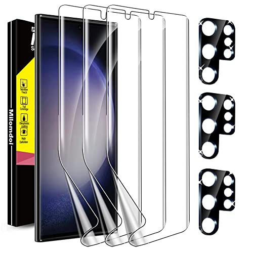 Milomdoi [3+3 Pack] for Samsung Galaxy S23 Ultra Screen Protector [Not Glass] Accessories 3 Pack TPU Film with 3 Pack Tempered Glass Camera Lens Screen Protector for Samsung S23 Ultra case friendly - 6.8 inch-Transparent