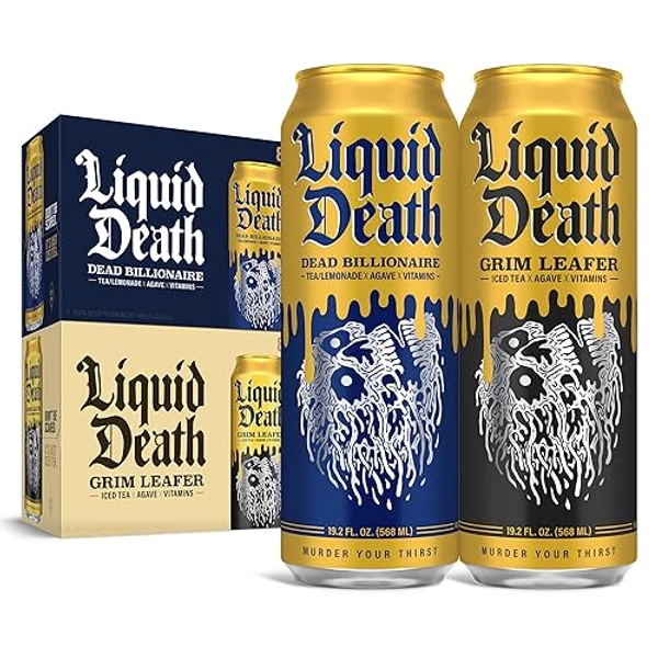 Liquid Death Dead Billionaire (aka Armless Palmer) & Grim Leafer Iced Black Tea Mixed Pack (16 x 19.2 oz King Size Cans)