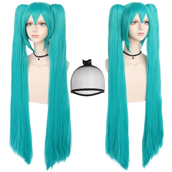 Anogol Hair Cap+48inch/120cm Green Wig Cosplay Green Teal wig Double Ponytail Wig, Long Green Lolita Wig For Halloween Costume, Long Green Wig With Bangs Straight wig For Halloween Party Cosplay Wig