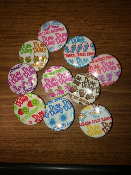 Dum Dums Sucker/ Lolli Pop Pin Back Buttons, zipper pull, magnet 1.25 inch limited edition flavors