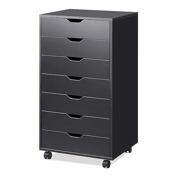 DEVAISE 7-Drawer Chest, Wood File Cabinet with Wheels, Black