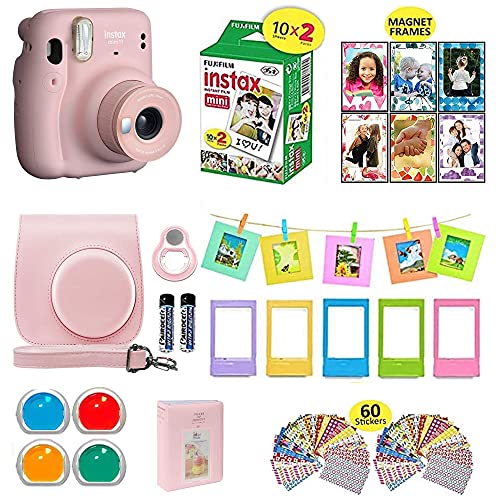 Fujifilm Instax Mini 11 Instant Camera Blush Pink + Shutter Compatible Carrying Case + Fuji Film Value Pack (20 Sheets) + Shutter Accessories Bundle, Color Filters, Photo Album, Assorted Frames - Blush Pink
