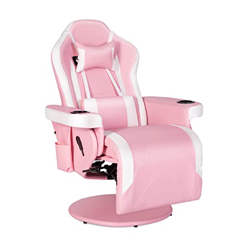 Swivel Video Gaming Reclining Chair High Back Ergonomic Recliner Chair with Headrest, Lumbar Support, Adjustable Backrest, Footrest, Cupholder, Pink White - Pink White - Gaming Chair