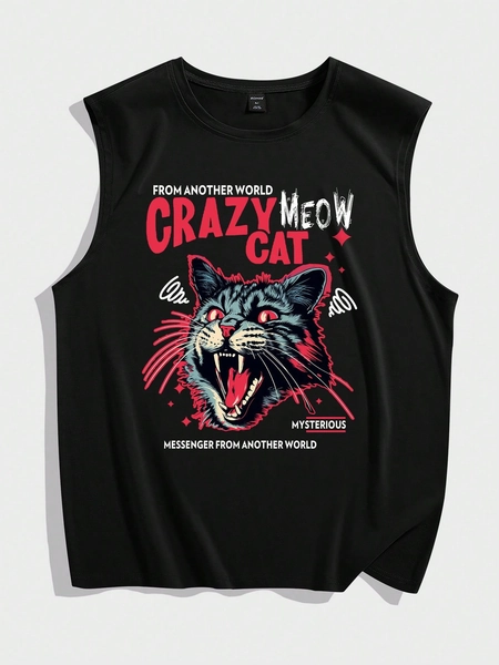 ROMWE Street Life Men's Sleeveless Tops With Cat Print And Slogan Suitable For Spring And Summer, School