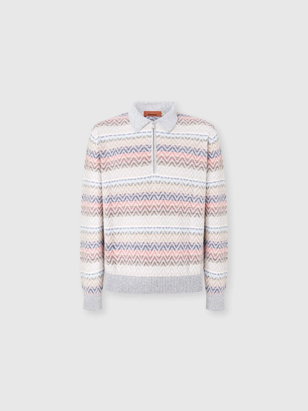 Polo à manches longues en maille zig zag avec col demi-zippé