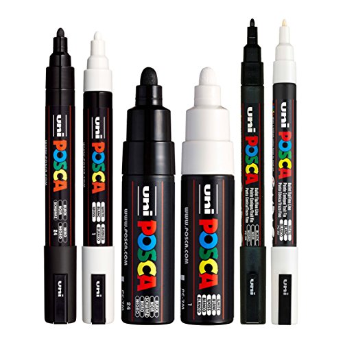POSCA Black & White Bullet Tip - Set of 6 Pens (PC-5M, PC-7M, PC-3M) - Limited edition