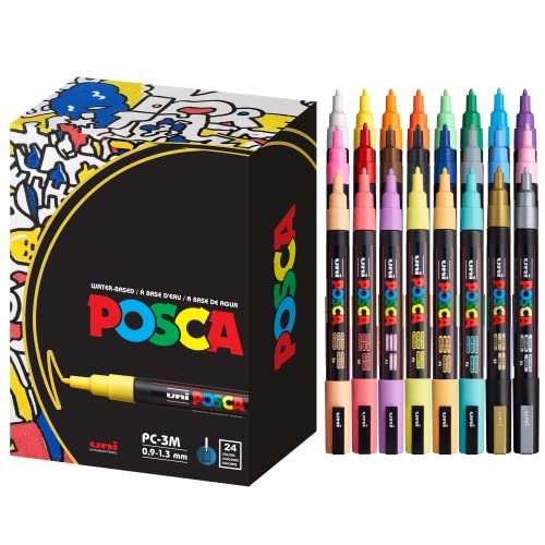 24 Posca Paint Markers, 3M Fine Posca Markers with Reversible Tips, Posca Marker Set of Acrylic Paint Pens | Posca Pens for Art Supplies, Fabric Paint, Fabric Markers, Paint Pen, Art Markers