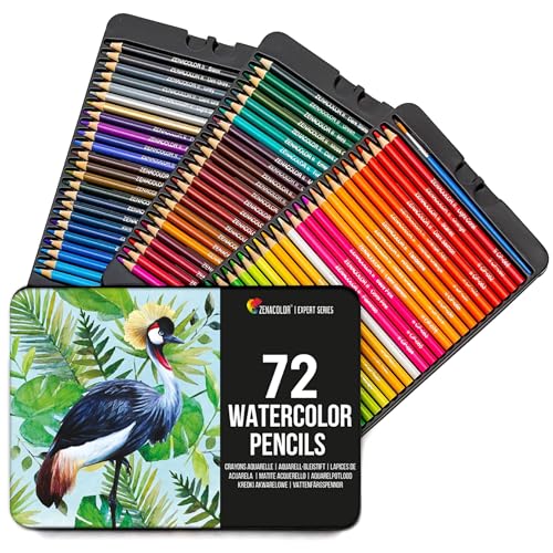 Zenacolor Professional Watercolor Pencils, Set of 72, Metal Box with Brush - Drawing Set for Coloring, Blending and Layering Books, Adult or Kids