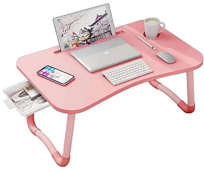 Laptop Desk Foldable Bed Table, Portable Lap Desk laptop Table with Storage Drawer and Cup Holder, Notebook Stand Reading Desk Breakfast Tray for Bed Couch Sofa Floor – Pink